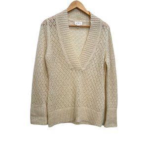 Loft Knit Sweater Mohair Wool Blend Beige V-Neck Long Sleeve Large